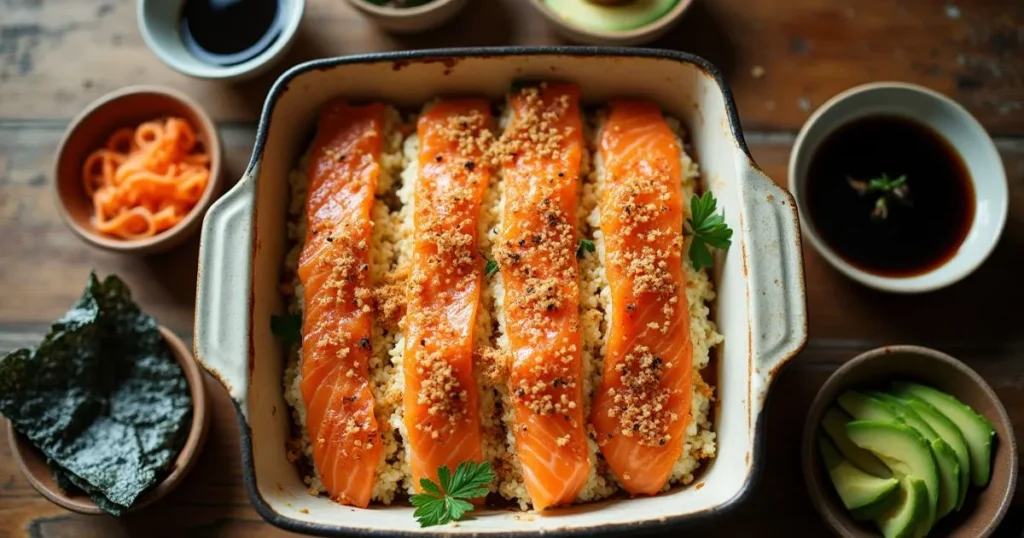 salmon sushi bake